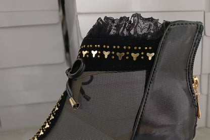 Pointed Panel Chunky Ankle Trim Lace Boots Mesh Heel