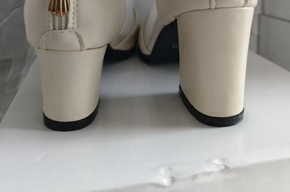 Pointed Panel Chunky Ankle Trim Lace Boots Mesh Heel