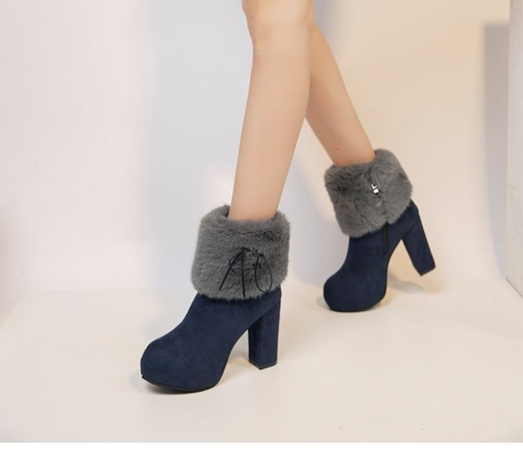 Fluffy Platform Ankle Chunky Trim Boots Heel