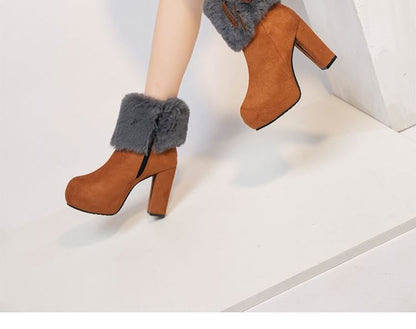 Fluffy Platform Ankle Chunky Trim Boots Heel