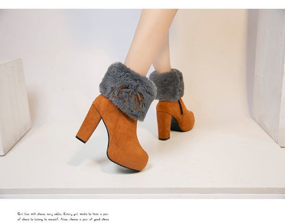 Fluffy Platform Ankle Chunky Trim Boots Heel