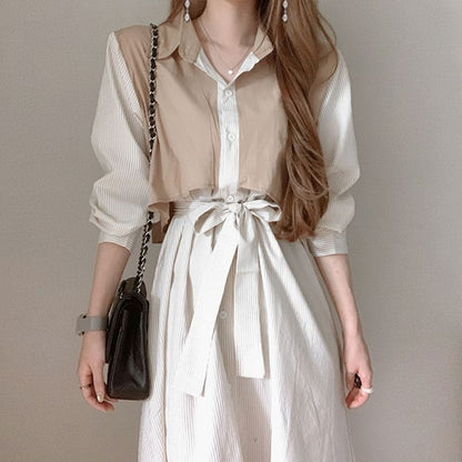 Mock Two-Piece Long-Sleeve Striped A-Line Shirt Dress