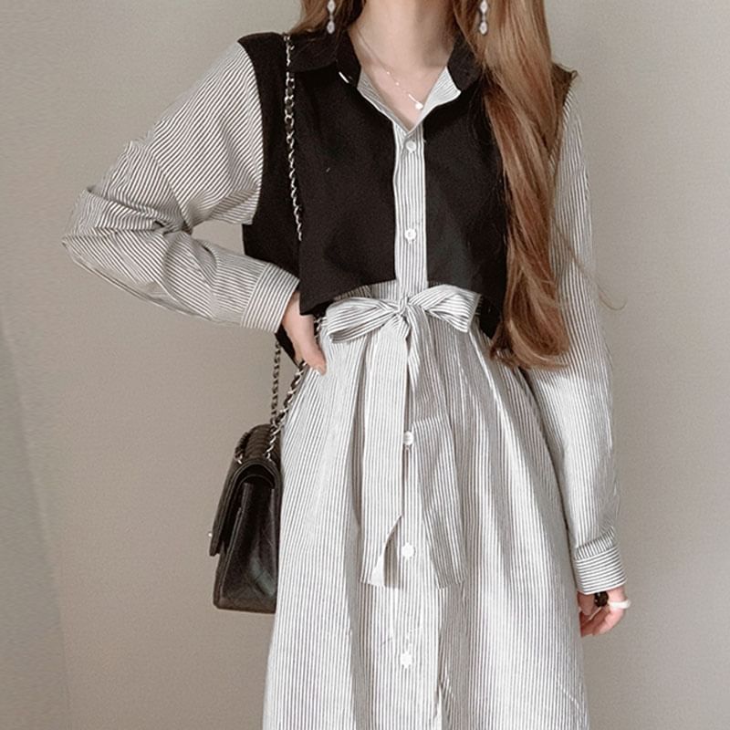 Mock Two-Piece Long-Sleeve Striped A-Line Shirt Dress