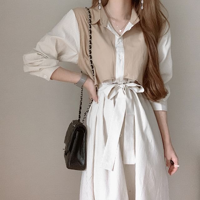 Mock Two-Piece Long-Sleeve Striped A-Line Shirt Dress