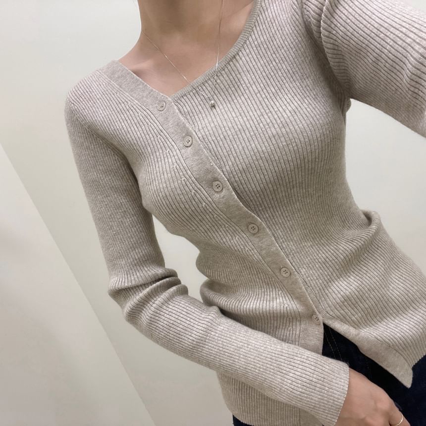 Long-Sleeve Asymmetrical Neckline Button-Up Knit Top