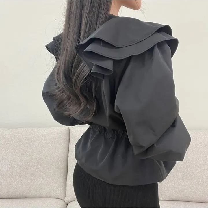 Puff-Sleeve Crewneck Ruffle Crop Blouse