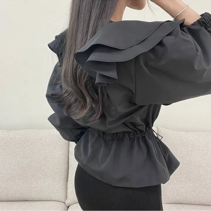 Puff-Sleeve Crewneck Ruffle Crop Blouse