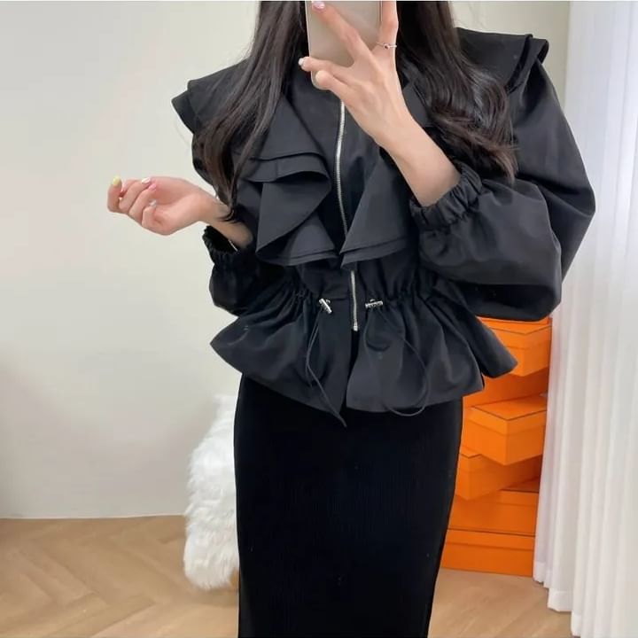 Puff-Sleeve Crewneck Ruffle Crop Blouse