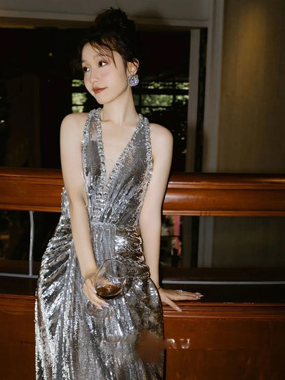 Sleeveless V-Neck Sequined Shirred Mermaid Evening Gown