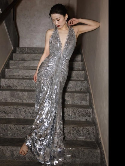 Sleeveless V-Neck Sequined Shirred Mermaid Evening Gown