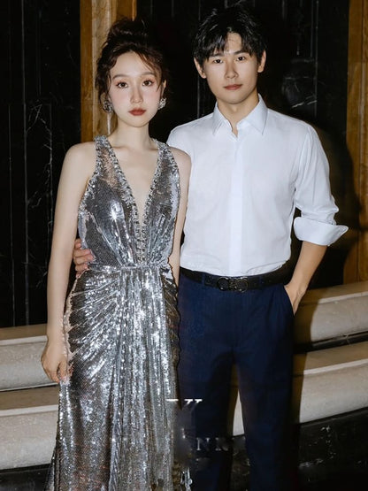 Sleeveless V-Neck Sequined Shirred Mermaid Evening Gown