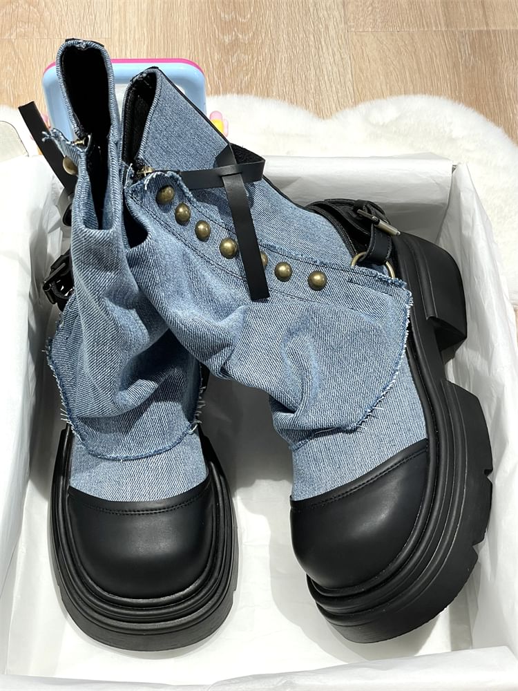 Platform Washed Denim Panel Short Boots