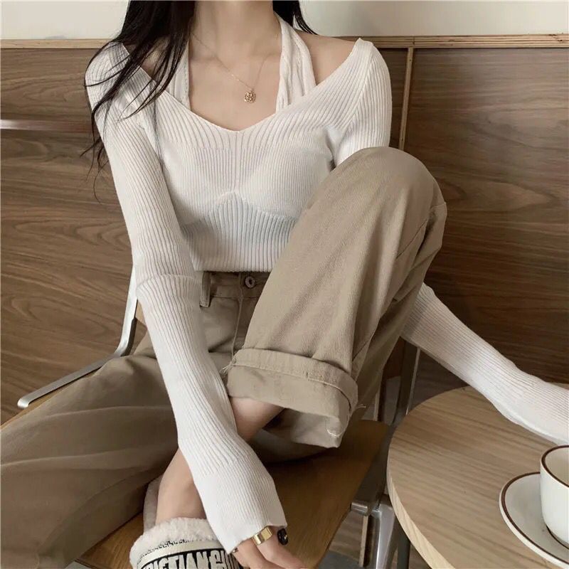 Long-Sleeve Halter Neck Mock Two-Piece Plain Ribbed Slim Fit Knit Top