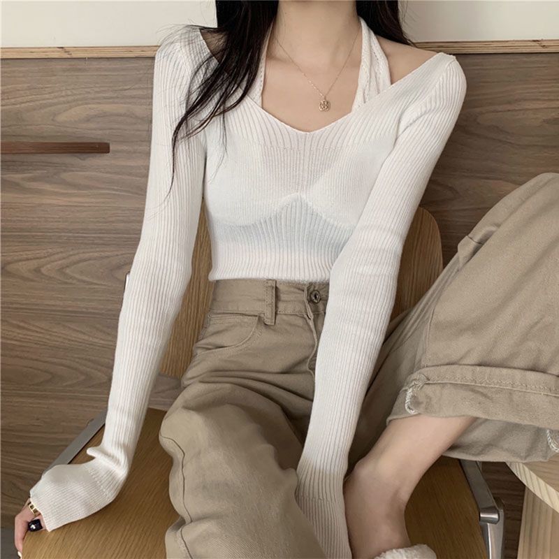 Long-Sleeve Halter Neck Mock Two-Piece Plain Ribbed Slim Fit Knit Top