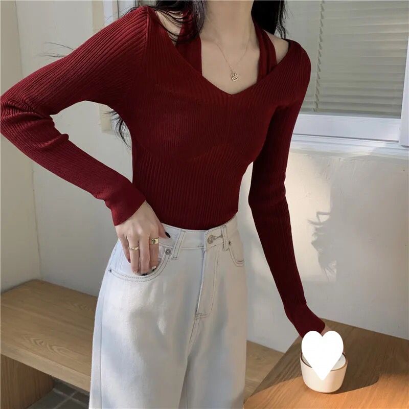 Long-Sleeve Halter Neck Mock Two-Piece Plain Ribbed Slim Fit Knit Top