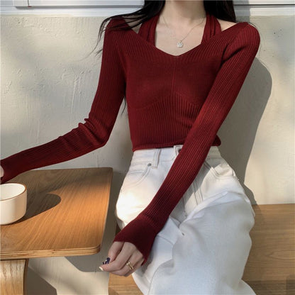 Long-Sleeve Halter Neck Mock Two-Piece Plain Ribbed Slim Fit Knit Top