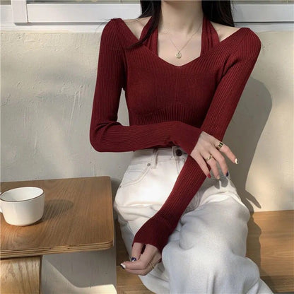 Long-Sleeve Halter Neck Mock Two-Piece Plain Ribbed Slim Fit Knit Top