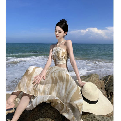 Set: Halter Neck Tie Dye Crop Cami Top + Mid Rise Midi A-Line Skirt