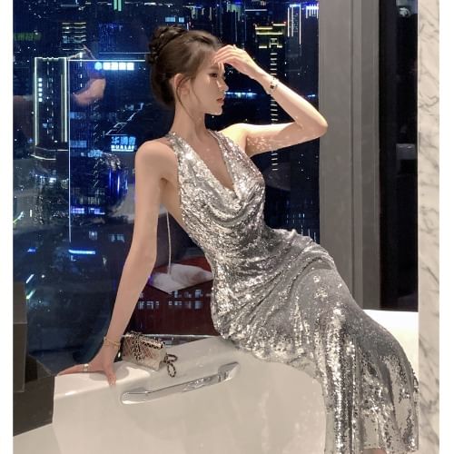 Halter Neck  Plain Sequin Mermaid  Evening Gown