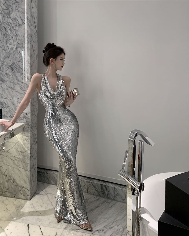 Halter Neck  Plain Sequin Mermaid  Evening Gown