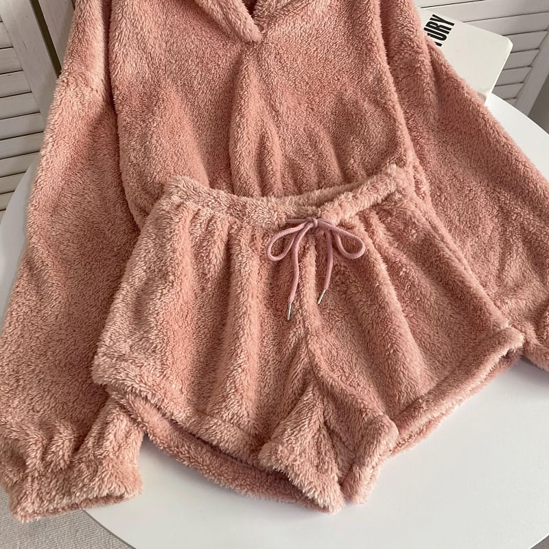 Ensemble : sweat à capuche oversize uni à oreilles d'ours + short à taille élastique