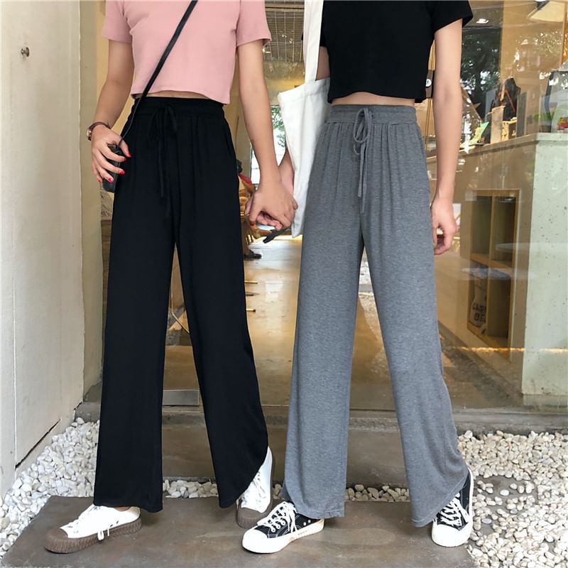 High Rise Plain Loose-Fit Wide-Leg Pants