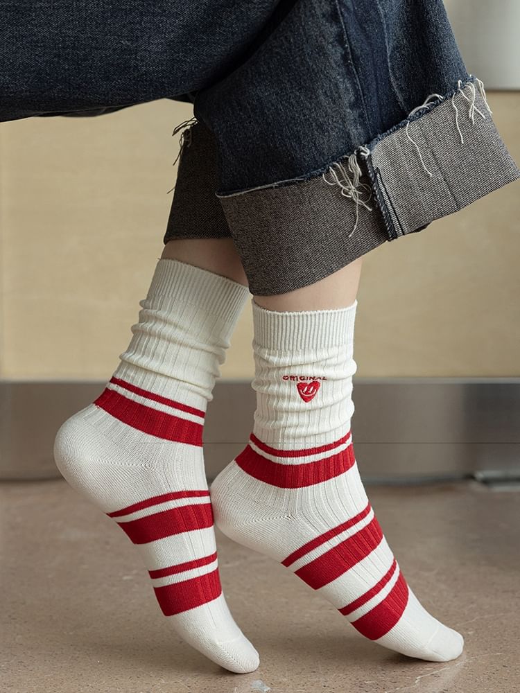 Striped Socks / Letter Embroidered Socks / Set