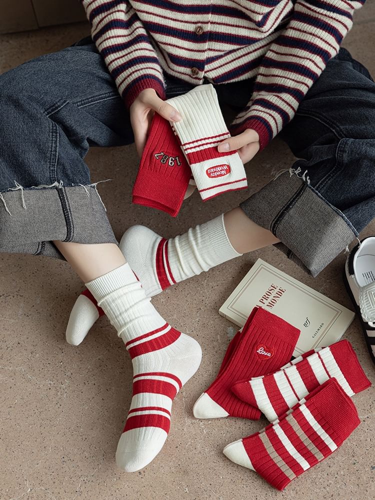 Striped Socks / Letter Embroidered Socks / Set