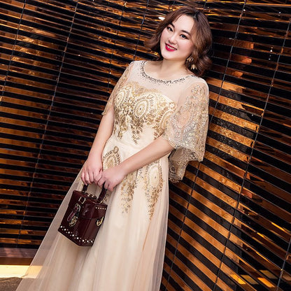 [2XL-6XL] Cap Sleeve Sequined Detail Mesh A-Line Evening Gown