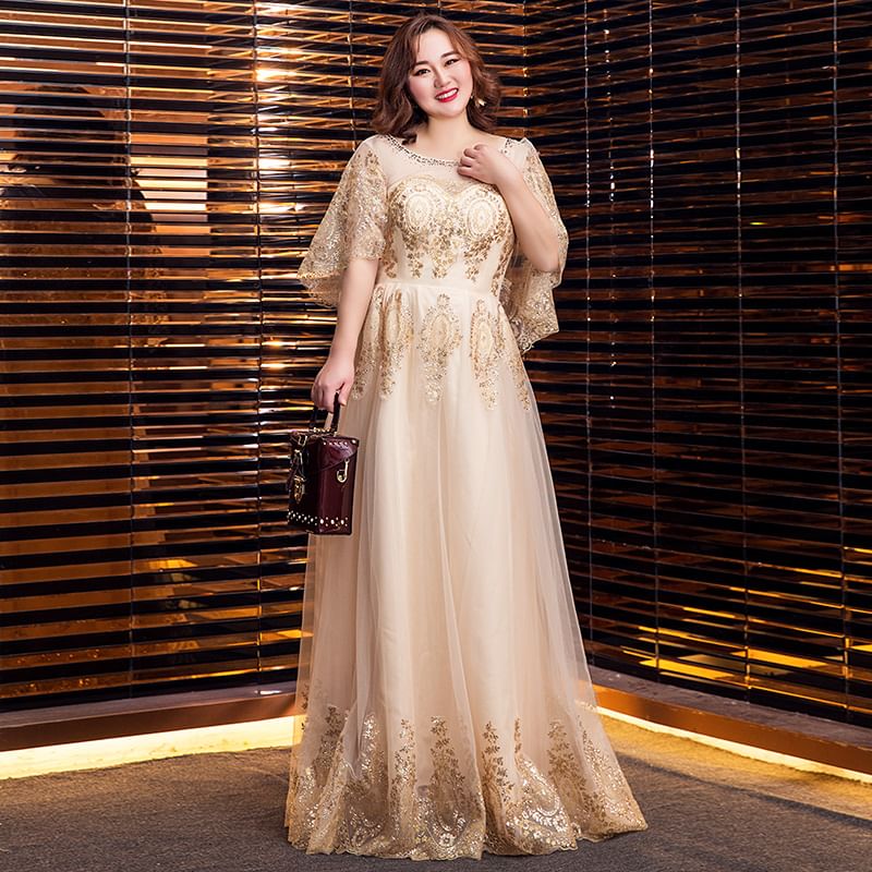 Gown Plus Evening Size Mesh Cap Sequined Sleeve Detail A-Line