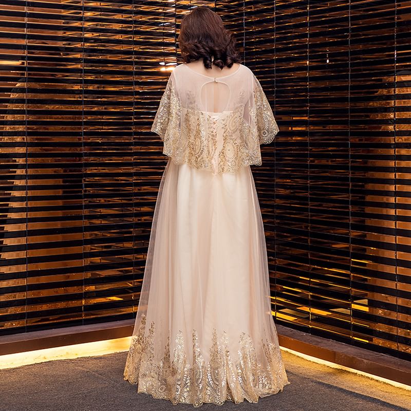 [2XL-6XL] Cap Sleeve Sequined Detail Mesh A-Line Evening Gown