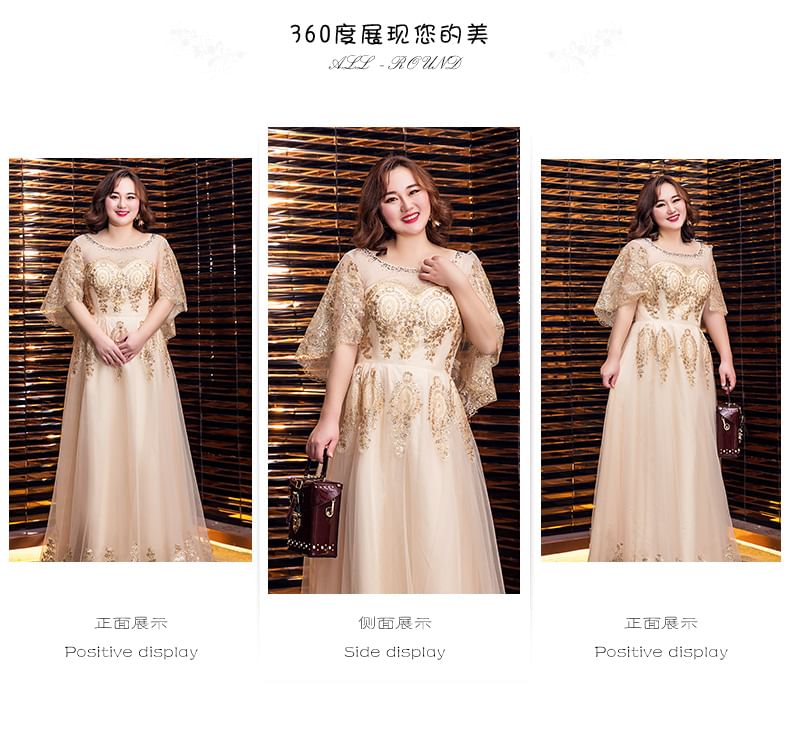 Gown Plus Evening Size Mesh Cap Sequined Sleeve Detail A-Line