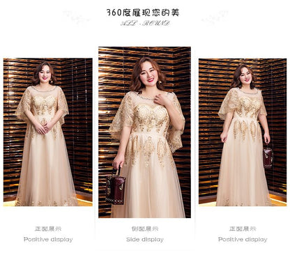 [2XL-6XL] Cap Sleeve Sequined Detail Mesh A-Line Evening Gown