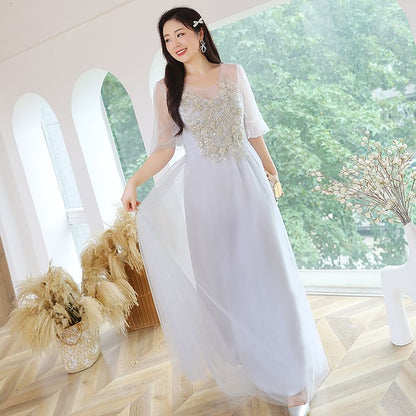 Plus Size Bell Sleeve Embroidery Applique Mesh A-Line Evening Gown