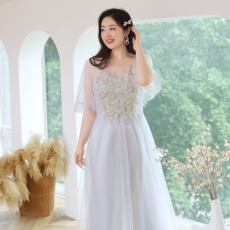Plus Embroidery Size Sleeve Gown Mesh Bell A-Line Evening Applique