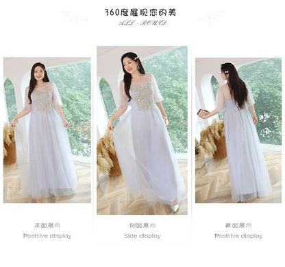 Plus Size Bell Sleeve Embroidery Applique Mesh A-Line Evening Gown