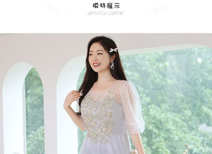 Plus Size Bell Sleeve Embroidery Applique Mesh A-Line Evening Gown