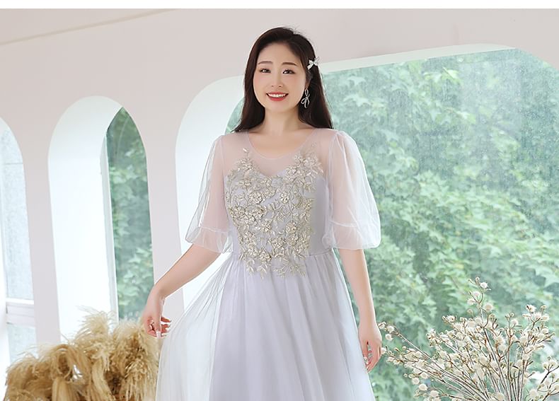 Plus Size Bell Sleeve Embroidery Applique Mesh A-Line Evening Gown