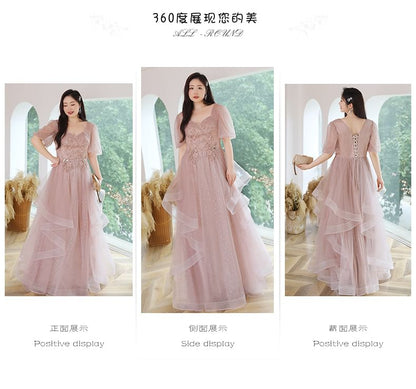 Sleeve Puff Gown Ruffled Sequined Size Neckline Sweetheart Mesh Evening Plus A-Line