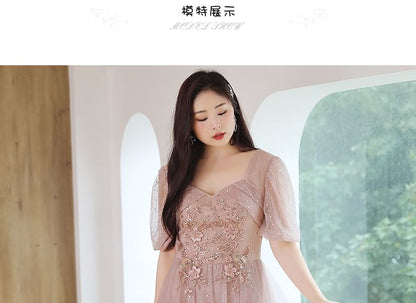[2XL-6XL] Puff Sleeve Sweetheart Neckline Sequined Ruffled Mesh A-Line Evening Gown
