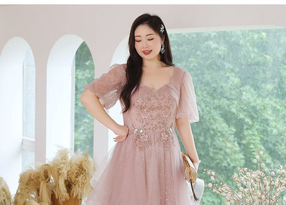 [2XL-6XL] Puff Sleeve Sweetheart Neckline Sequined Ruffled Mesh A-Line Evening Gown