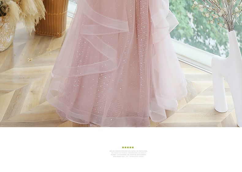 [2XL-6XL] Puff Sleeve Sweetheart Neckline Sequined Ruffled Mesh A-Line Evening Gown