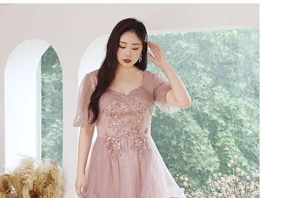 Sleeve Puff Gown Ruffled Sequined Size Neckline Sweetheart Mesh Evening Plus A-Line