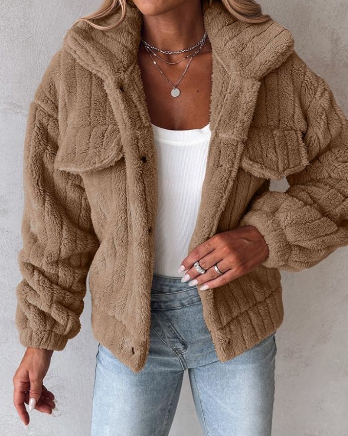 Collared Plain Fluffy Button-Up Jacket