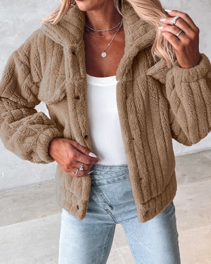 Collared Plain Fluffy Button-Up Jacket