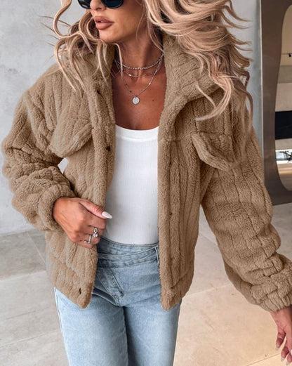 Collared Plain Fluffy Button-Up Jacket