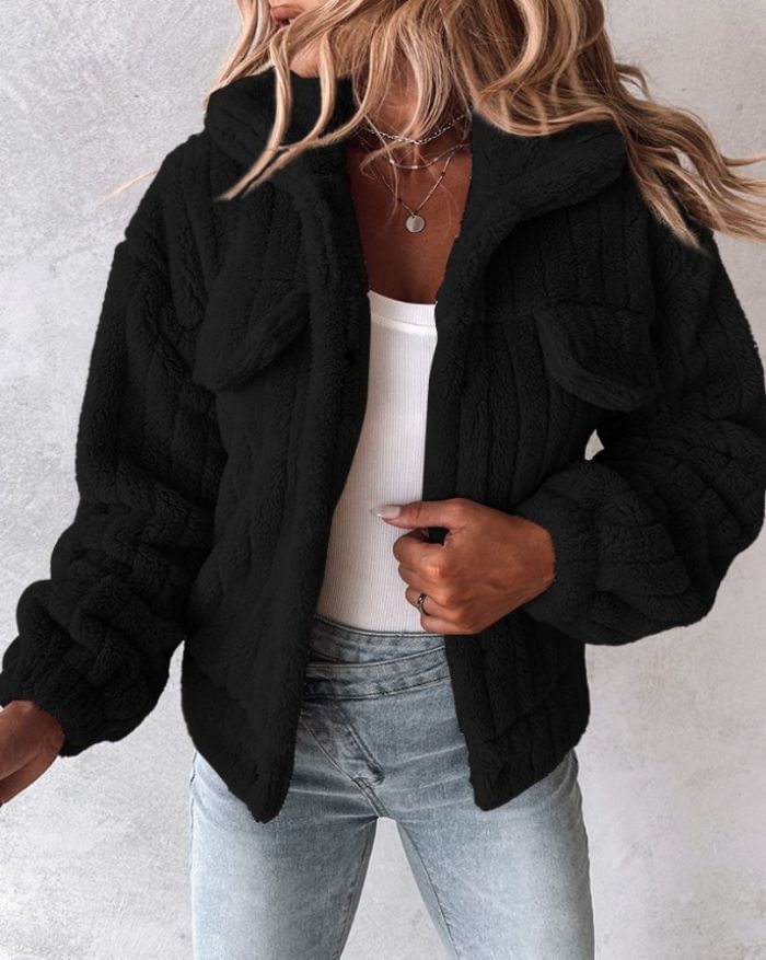Collared Plain Fluffy Button-Up Jacket