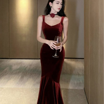 Sleeveless V-Neck Plain Open Back Velvet Mermaid Evening Gown