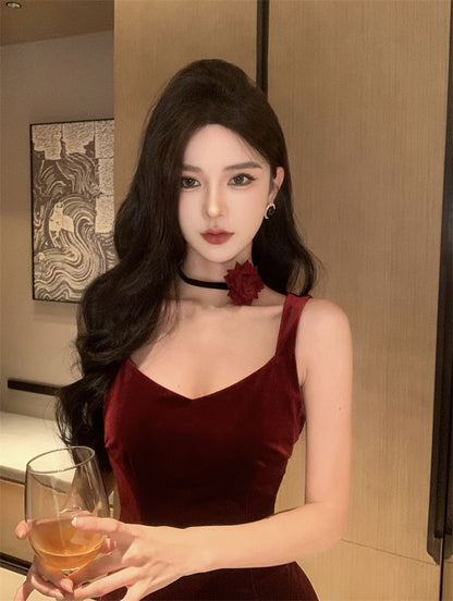 Sleeveless V-Neck Plain Open Back Velvet Mermaid Evening Gown