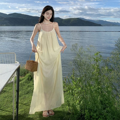 Spaghetti Strap Scoop Neck Plain Open Back Maxi A-Line Dress